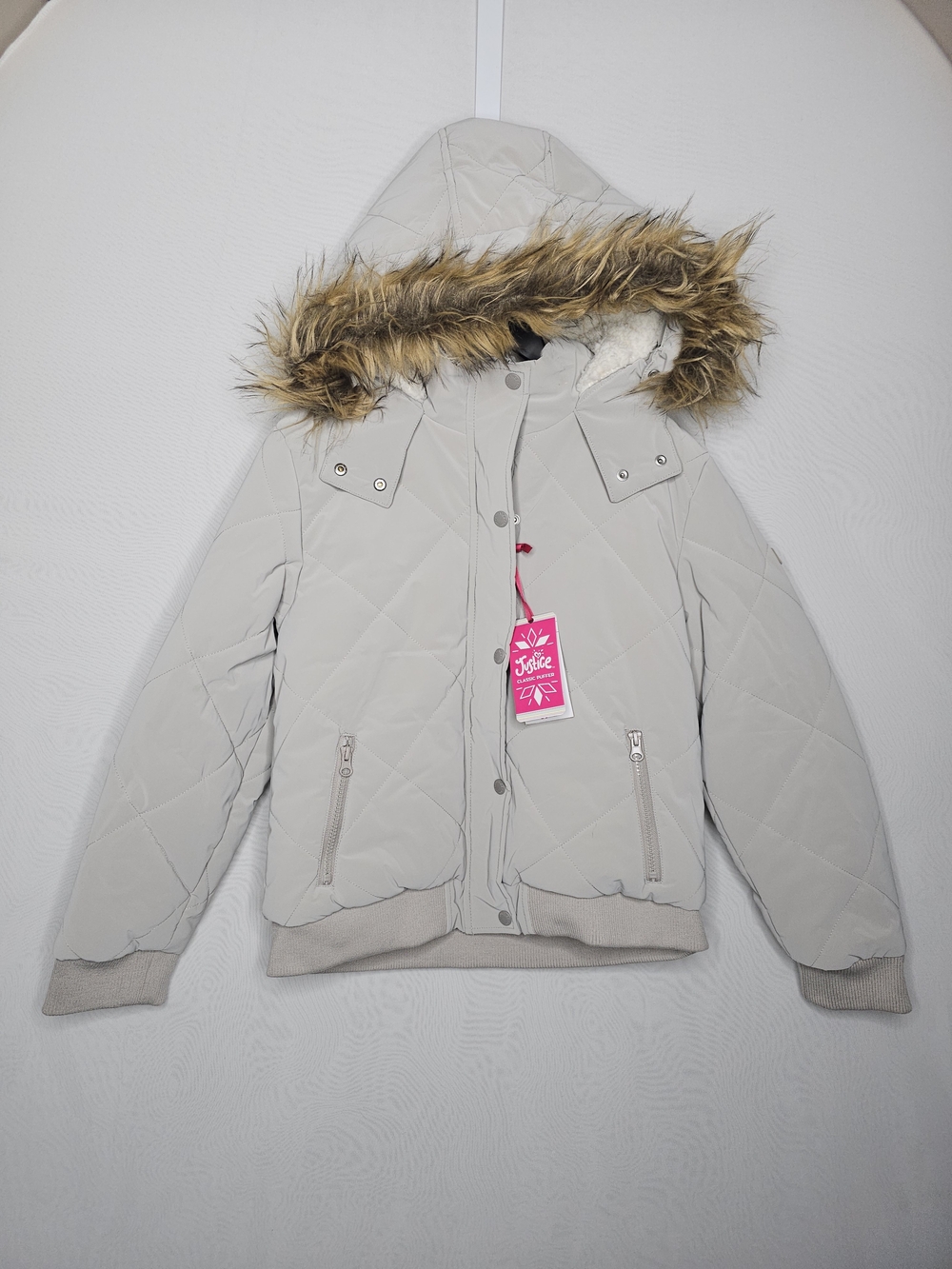 NWT Justice Girls Classic Puffer Jacket Sherpa Lined Gray L (12/14) Minor Flaws